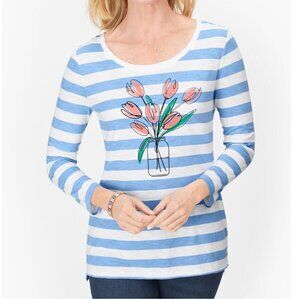 Talbots Tulips Stripe Light Blue White Novelty Floral Shirt 3/4 Sleeve size XL